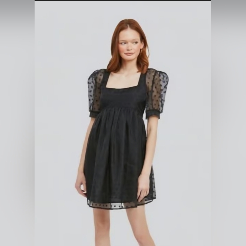 En Saison Women's Sofia Puff-Sleeve Black Babydoll Sheer Mini Dress -L-
